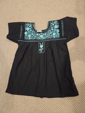 Nativa Black/Turquoise Cotton Embroidered Mexixan Shirt Top Sz XL